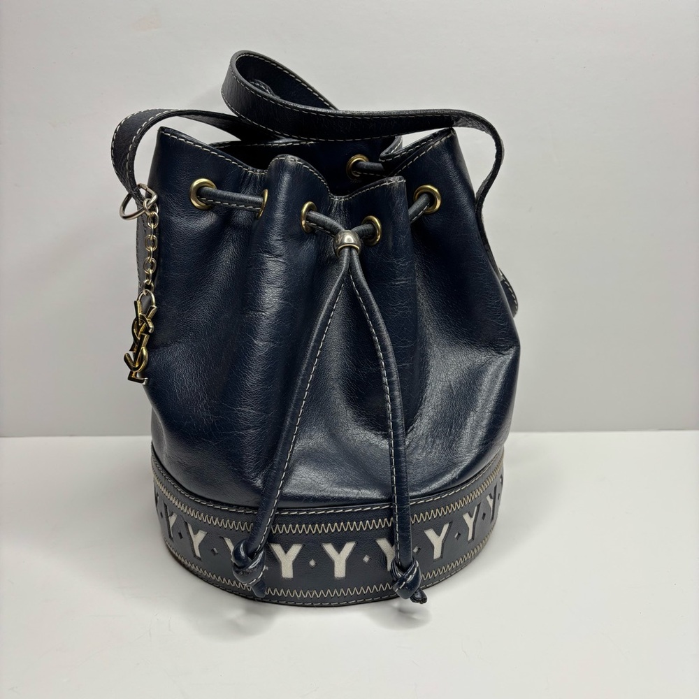 Yves Saint Laurent Navy Blue Bucket Shoulder Bag with Logo Trim